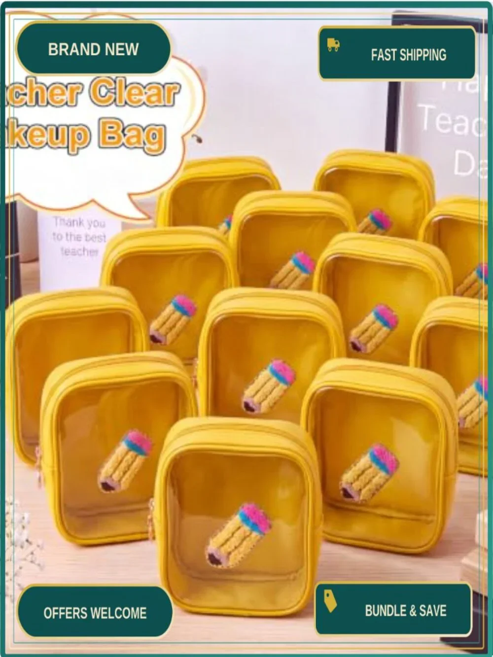 6 Clear PVC Cosmetic Bags with Gold Zipper Teacher Pencil Pouch Waterproof
